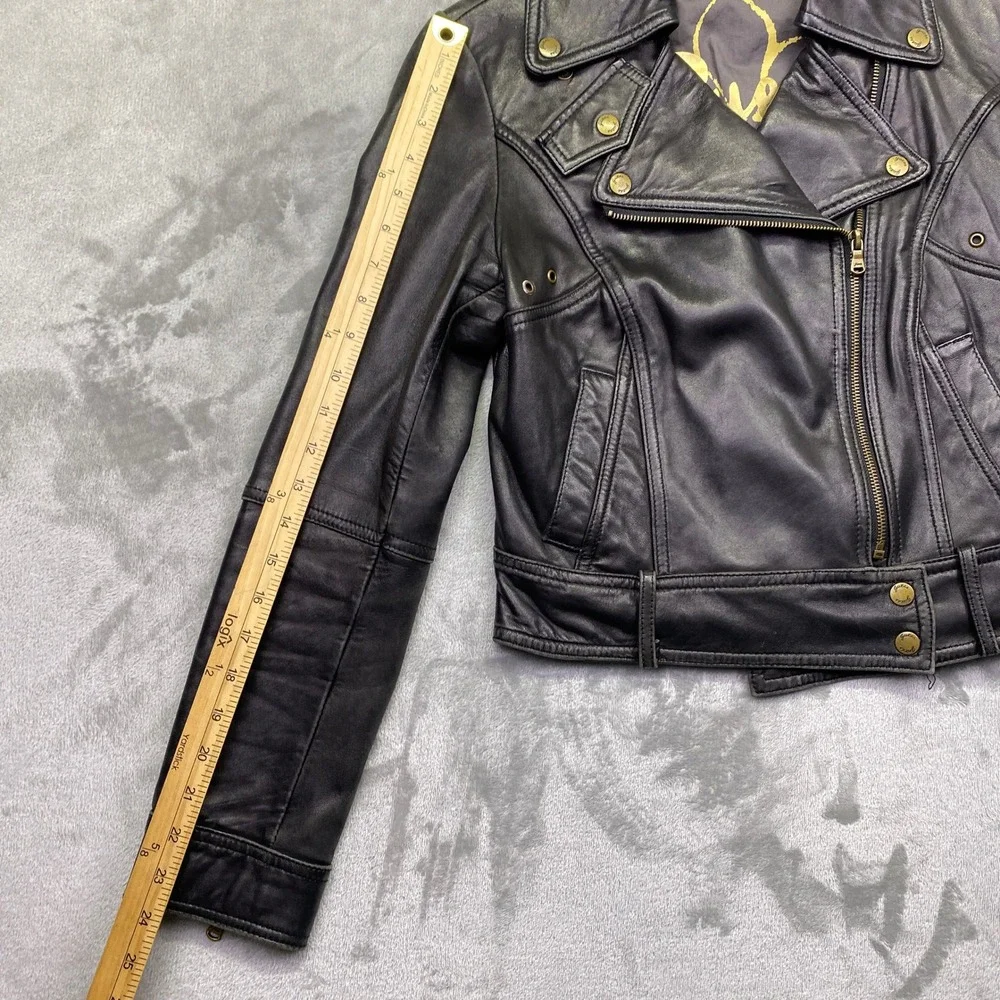VTG Guess Womens Black Leather Moto Biker Jacket Asymmetrical Zip Brass Sz S/P - Picture 3 of 12